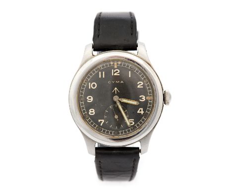 A Cyma military wristwatch, 3cm circular illuminous black dial with broad arrow mark and subsidiary seconds dial, plain back 