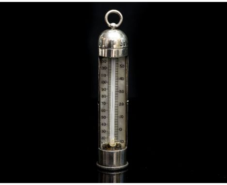 A Victorian silver thermometer case, of cylindrical form, with internal revolving cavity with fitted mother of pearl housing 