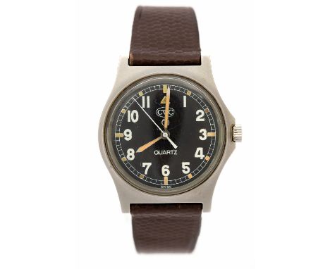 A CWC military issue steel wristwatch, post 1950, 3cm circular black illuminous dial marked 'CWC, 'T' and Quartz', the backpl