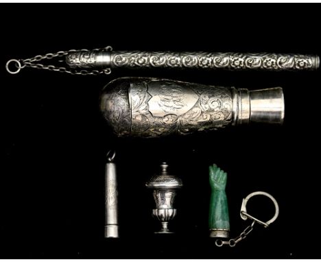 A Victorian silver thermometer case, the exterior with foliate scroll decoration and hanging chain, sponsor's mark M T B, Bir
