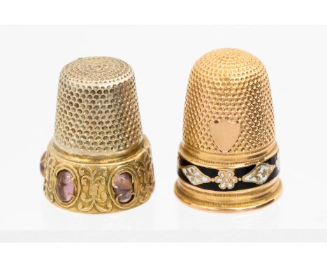 A Victorian gold thimble, with amethyst oval stones inset to base marks indistinct together with another Victorian gold thimb