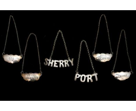 Six decanter labels or bottle tickets, two formed as letters "Sherry" and "Port", the other four in the form of plaques with 