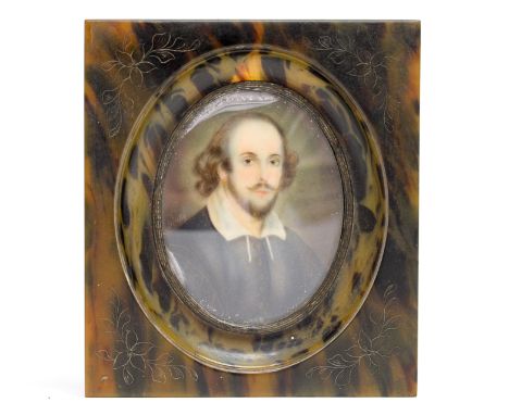 A 19th Century oval portrait miniature of Shakespeare, on ivory, signed Dirby, tortoiseshell frame, 8cm by 6cm

 