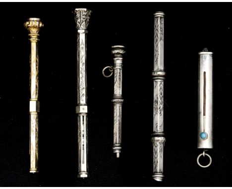 An Edwardian silver retractable pencil holder, Birmingham 1904, sponsor's mark rubbed, with a double ended retractable lead p