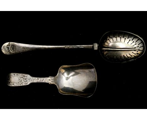 A Victorian silver tea caddy spoon, fiddle pattern, scoop bowl, George Unite, Birmingham 1854, together with a silver tea inf