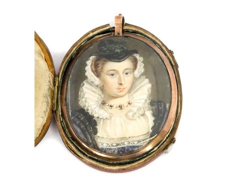 A George III oval portrait miniature of Mary Queen of Scots, circa 1790, on ivory, unsigned, mounted in a yellow metal pendan