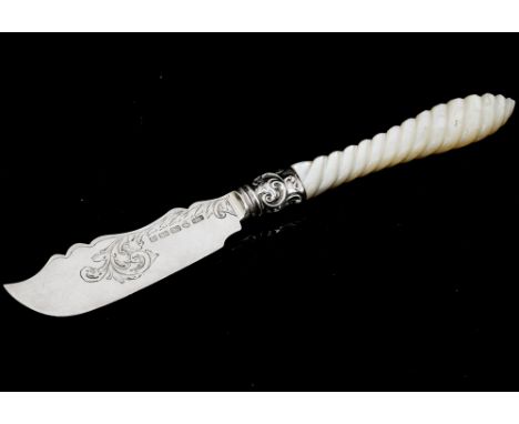 A Victorian silver butter trowel, with mother of pearl handle, the blade decorated with engraved and chased foliate scroll, t