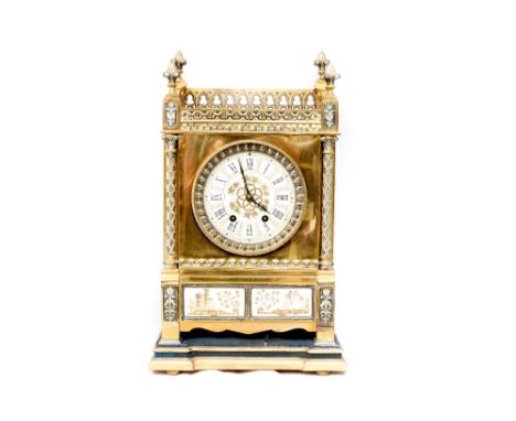 A Victorian brass bracket clock of Gothic Revial design, circa 1880, open tracery gallery top, 12cm dial with Roman numerals 