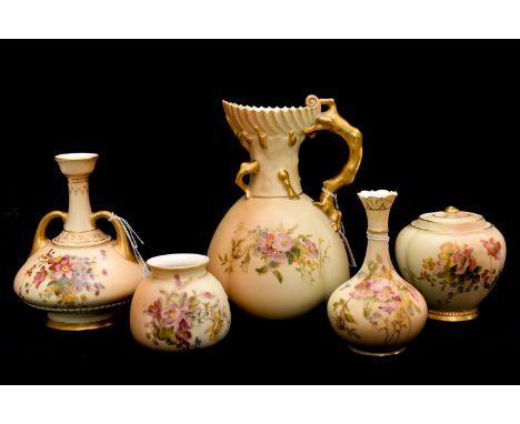 A Royal Worcester blush ivory jug, 1912, of rooted gourd form, painted with dog roses, the handle realistically modelled as a