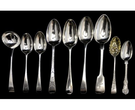 A quantity of silver flatware to include a George III Hanoverian pattern bottom marked tablespoon, hallmarks struck for Thoma