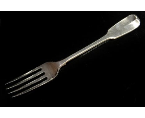 Paul Storr. A George III silver entree fork, fiddle pattern, with engraved crest of a seated whippet, Paul Storr, London 1816