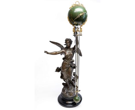 A late 19th Century bronzed spelter mystery clock, modelled as a winged female with arms raised, plaque to plinth 'Par Hip Mo