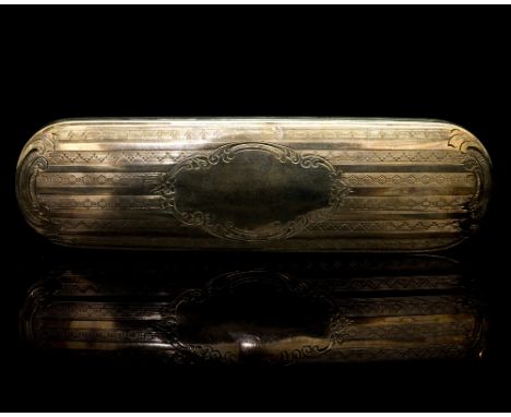 A Victorian silver spectacles case, of cushioned oblong form, the exterior with rococo scroll and engine turned decoration, N