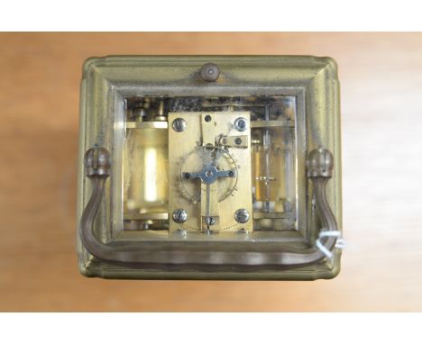 A French brass repeating carriage clock ,circa 1890, corniche case, white enamel dial with Roman numerals, visible escapement