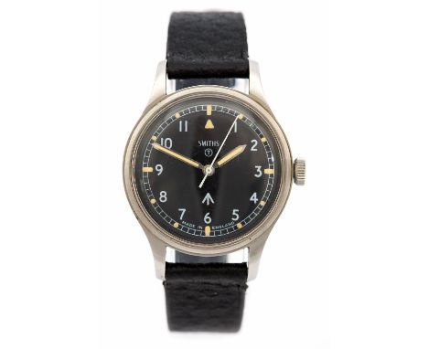 A Smiths vintage military issue steel wristwatch, post 1950, 3cm circular black illuminous dial, signed 'Smiths, T' and broad