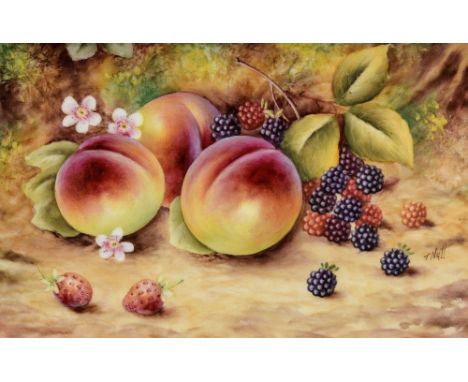 Terry Nutt for Royal Worcester, a pair of fruit painted porcelain plaques, apples, peaches and blackberries, both signed, 17c