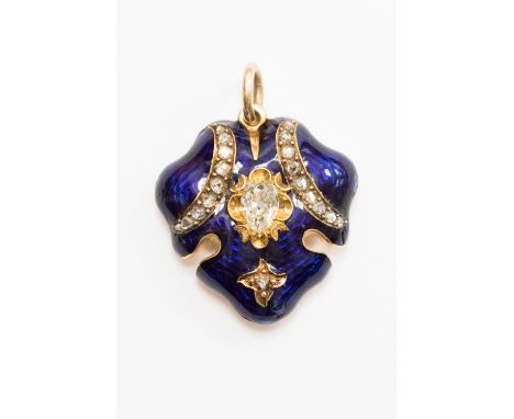 A Victorian diamond set blue enamelled pendant with a glazed compartment verso, the central pear shaped old cut diamond weigh