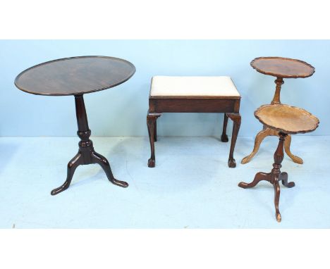 A 19th century stained mahogany circular tilt-top tripod table, together with two graduated reproduction walnut tripod wine t