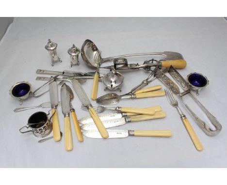 Various silver-plated tableware including a pair of asparagus tongs, grape scissors, candle snuffers and ivory-handle Stilton