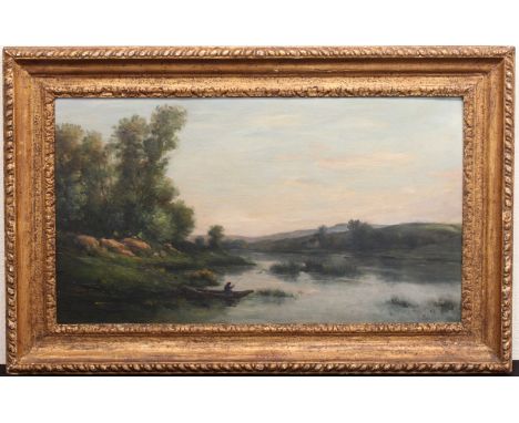 Charles-Francois Daubigny (1817-1878), "Sunset On The River Oise," river landscape with figure fishing in a punt, signed 'Dau