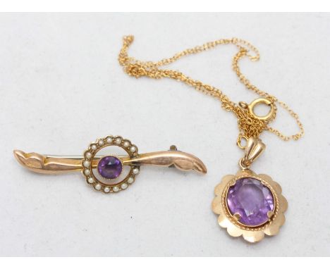 A 9ct gold amethyst pendant, the stone surrounded by sixteen seed pearls, together with a similar 9ct gold amethyst pendant w