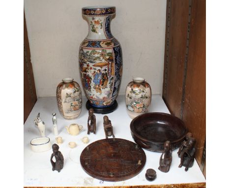SECTION 22. A group of three oriental vases, comprising a large vase and a small pair of satsuma vases, together with a group