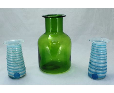 A Dartington Glass large British green Inkwell vase, designed by Frank Thrower, model FT224, 26cm high, together with a pair 