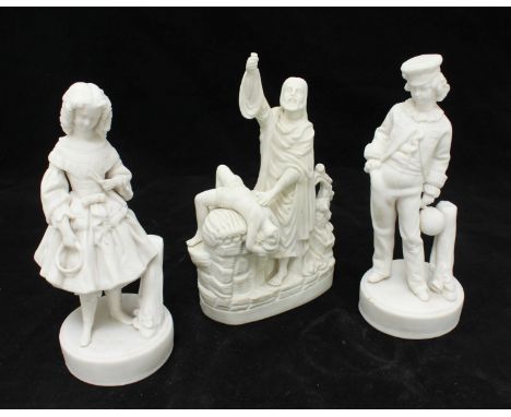 Three various Parian ceramic figures, one depicting a religious scene, the other two of a boy and a girl. Tallest figure meas