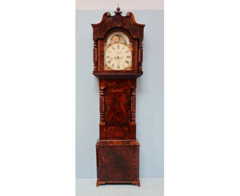 an early 19th century longcase clock, eight-day movement striking a bell, painted arched dial with moonphase, subsidiary dial