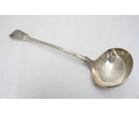A late Victorian fiddle & reed pattern silver serving ladle, London, 1895, engraved 'Hervey' family crest, 291 grams