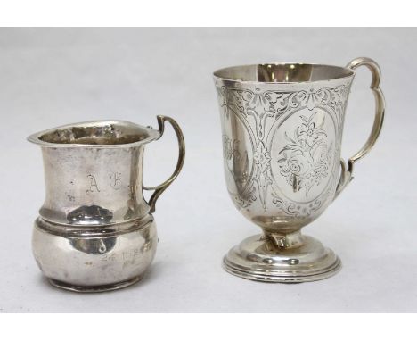 A Victorian silver christening mug with foliate-panel chased bowl, scrolled handle and circular spreading foot, London, 1852,