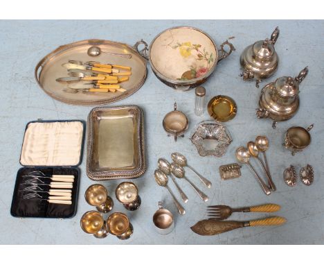 A quantity of various assorted silver-plated wares including tureens, teapots, a large galleried tray, goblets and mixed flat