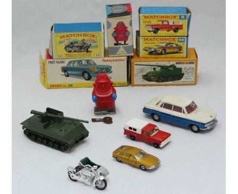 A group of six boxed toys, consisting; Dinky toys BMW 2000 Tilux 157, Matchbox models of yesteryear 1914 Sunbeam motorcycle w