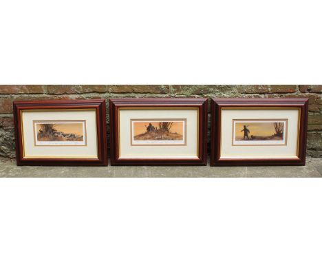 Set of three modern sporting framed Limited edition prints featuring a man with dog hunting rabbits, signed, titled and numbe