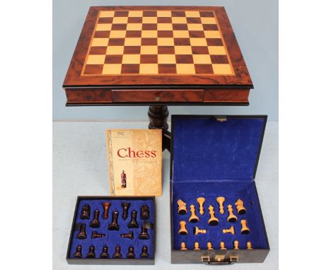 A 20th century chess board table, one side with single frieze drawer and raised on turned support to tripod base,  together w