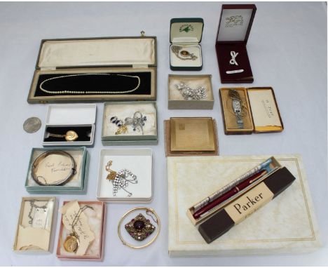 A quantity of assorted costume jewellery, including ladies chrome watch, a string of seed pearls with 9ct gold clasp, silver 