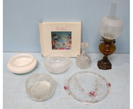 A 'Toska' floral moulded glass plate, together with a decanter, two various bowls and an oil lamp.