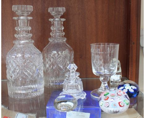 A pair of late 19th century cut-glass three-ring mallet decanters, decorated with hobnail and panel cut decoration, together 