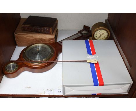 SECTION 19.  A modern mahogany aneroid wheel barometer-thermometer together with two bibles and small balloon clock etc