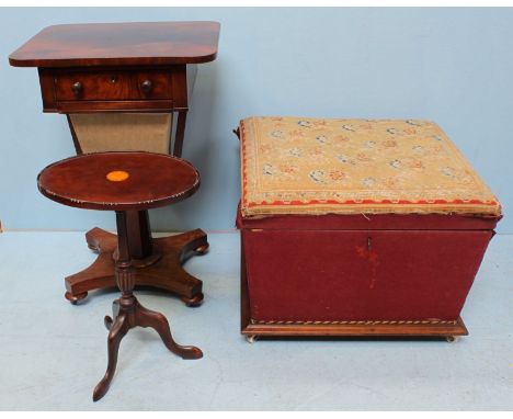 A 19th century mahogany footstool with fabric upholstery and tapestry top, together with a mahogany work table with frieze dr