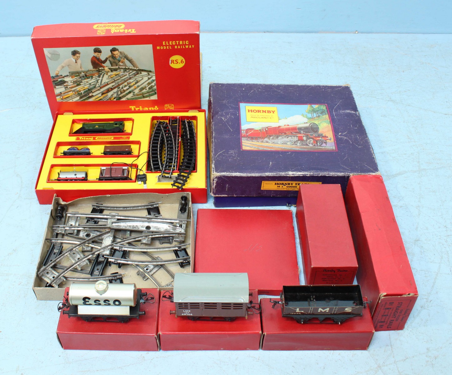 A Hornby LMS M1 goods set clockwork train set, O gauge, a Triang ...