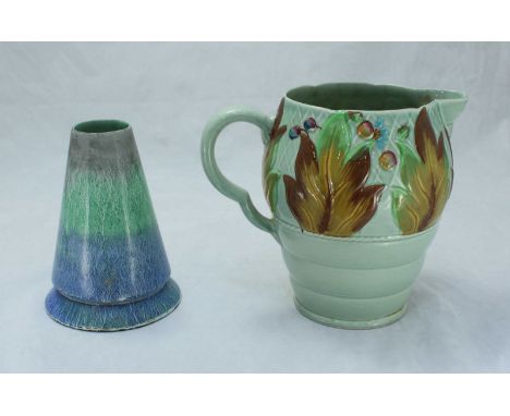 A Shelley Harmony ceramic drip-ware volcano vase, circa 1930's, marked Shelley England to base, together with a Clarice Cliff
