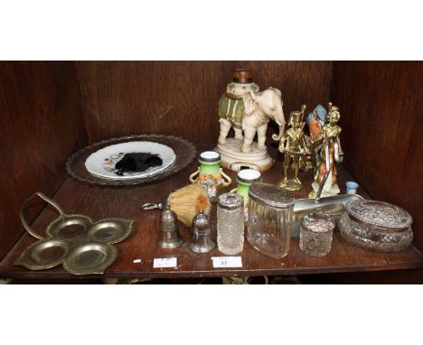 SECTION 37. A group of four silver topped glass jars together with a Beswick Beatrix potter figure, a Wedgwood ceramic kingfi