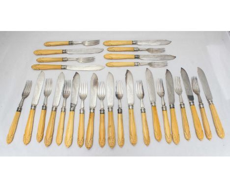 A set of fourteen Victorian silver-plated fish knives and forks with engraved blades, ivory handles and leaf-carved pommels, 