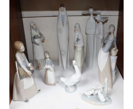 SECTION 31. Five various Lladro ceramic figures of ladies and girls, together with four NAO ceramic figures including two of 