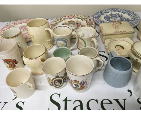 A collection of Commemorative Elizabeth II ceramics Crown Devon Burleigh ware plates mugs and other ceramics.