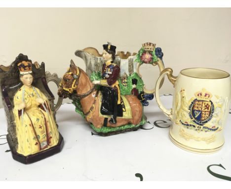 Two rare Burleigh Ware Elizabeth II commemorative jugs with raised profiles of Elizabeth II and a Royal Winton mug no obvious