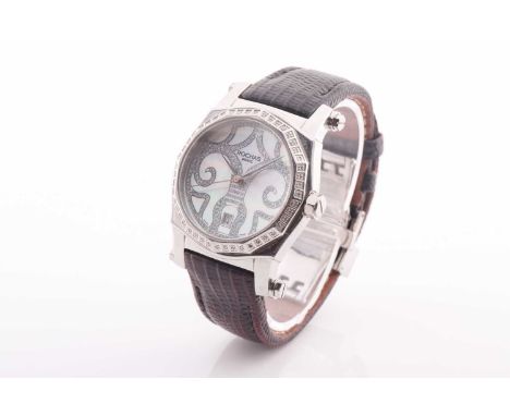 A Rochas of Paris stainless steel and diamond set wristwatch, the mother-of-pearl dial with scrolled pattern inset with diamo