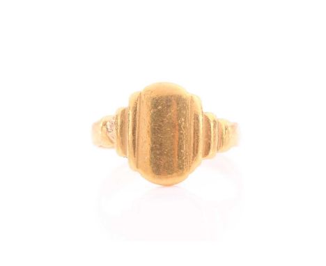 A yellow metal signet ring, possibly Indian, with vacant cartouche, unmarked, size K 1/2.Condition report: 3.4g