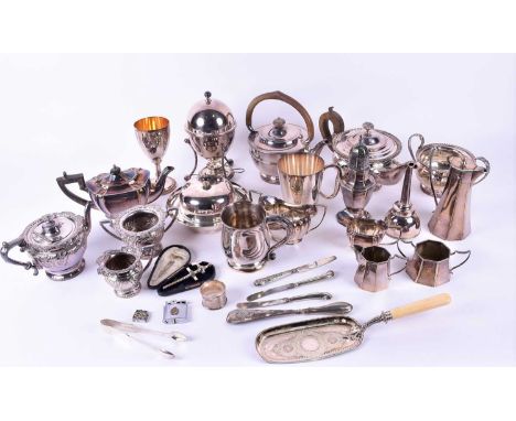 A collection of silver-plated wares to include spirit kettle, teapot, sugar caster, and other items.